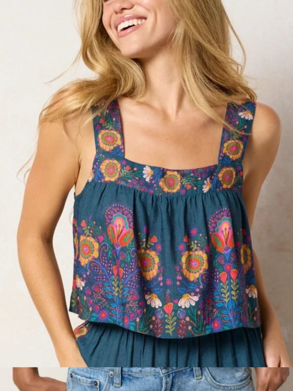 Natural Life NWT Blue Cece Floral Square Neck Boxy Tank Top Small